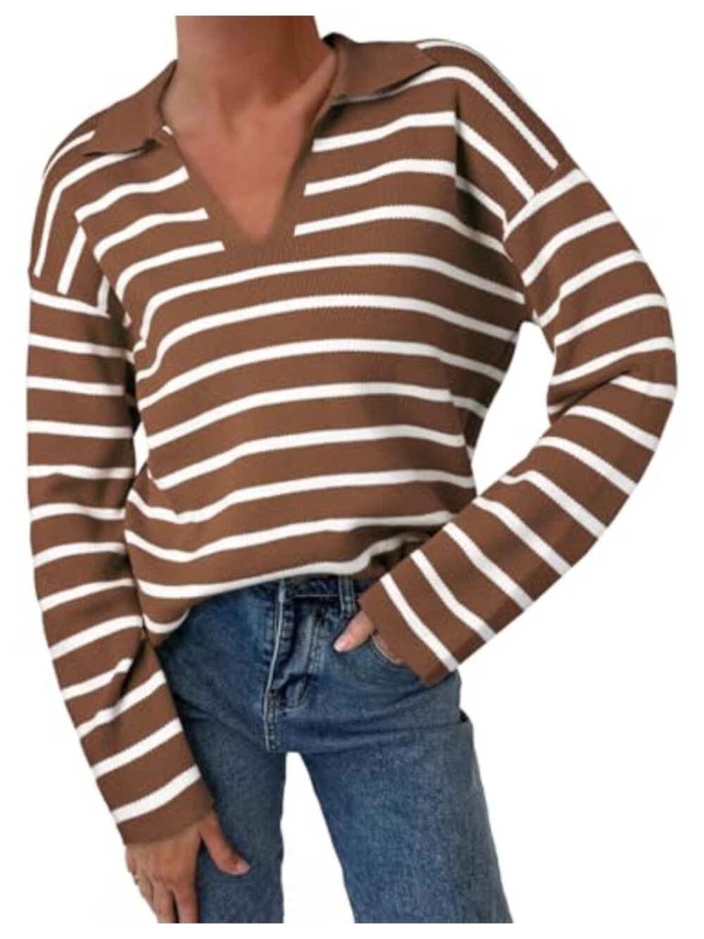 Womens V Neck Striped Knit Sweater Drop Shoulder Long Sleeve Pullover